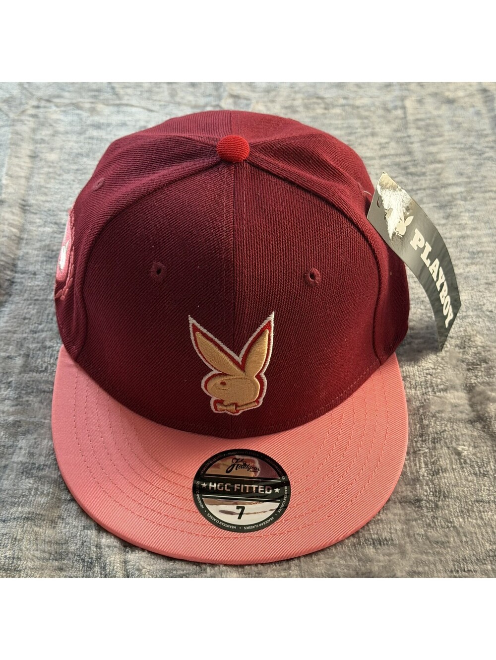 Playboy Bunny HGC Fitted Hat Size 7 Burgundy Pink Gold Embroidered Logo Cap NEW